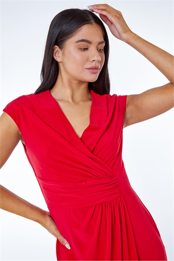 Red Petite Ruched Wrap Midi Dress, Image 4 of 5