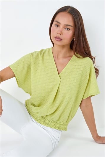 Green Petite Textured Shirred Stretch Top