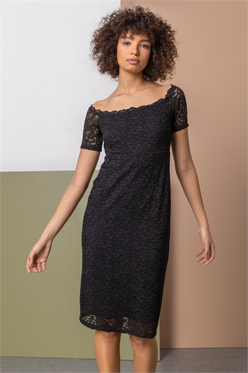 Black Lace Fitted Bardot Dress, Image 1 of 5