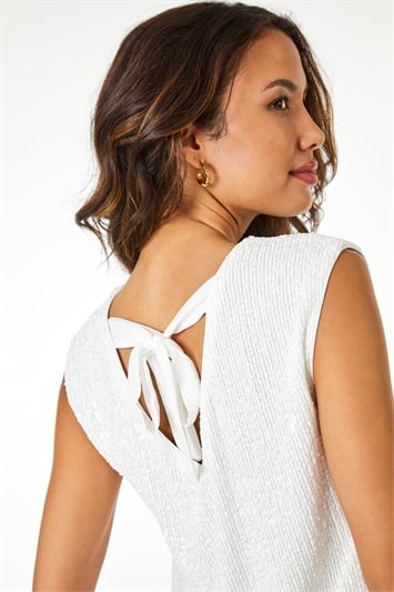 White Sequin Tie Back Detail Top