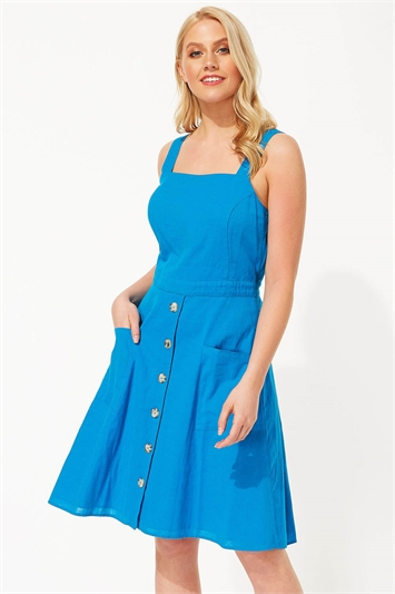 Turquoise Fit and Flare Button Dress