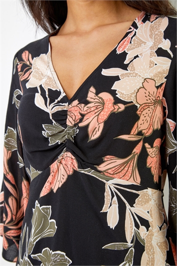 Black Tropical Print Ruched Tunic Top, Image 5 of 5