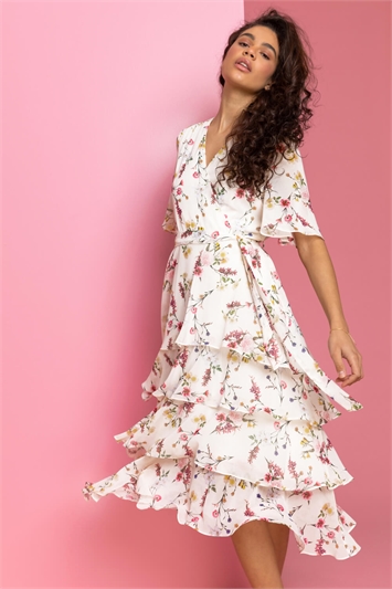 Cream Floral Print Tiered Frill Midi Dress, Image 3 of 5