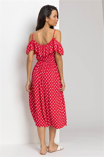 Red Spot Print Cold Shoulder Midi Dress, Image 2 of 4