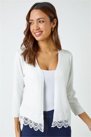 Scallop Trim Pointelle Knit Duster Cardigan