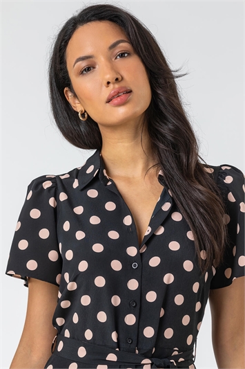 Black Spot Print Midi Shirt Dress, Image 4 of 5