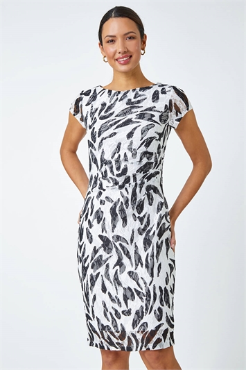 White Leaf Print Stretch Lace Dress