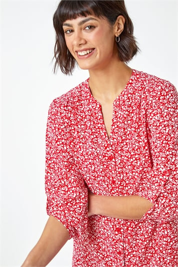 Red Ditsy Floral Print Longline Blouse