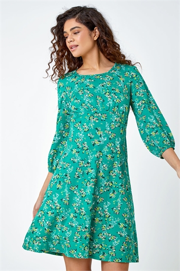 Green Ditsy Floral Print Stretch Jersey Dress