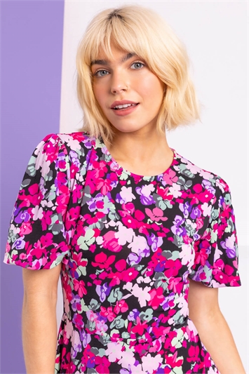 Purple Ditsy Floral Frill Detail Dress, Image 4 of 4