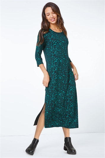 Green Leopard Print Jersey Stretch Midi Dress