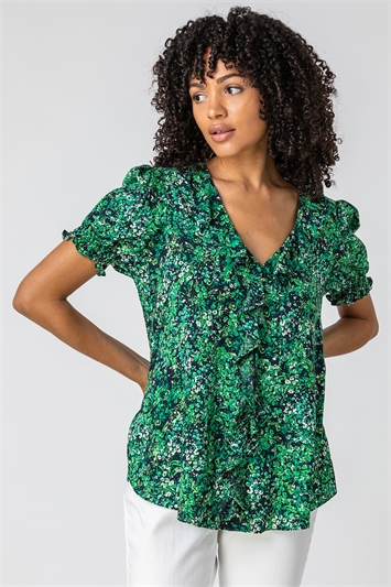 Green Floral Print Frill Detail Blouse, Image 4 of 5