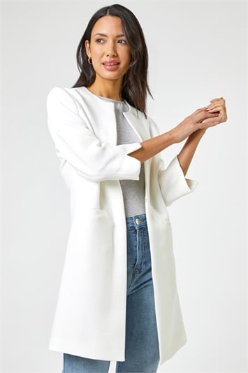 White Textured Longline Jacket