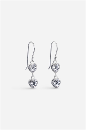 Metallic Sterling Silver Double Cubic Zirconia Heart Drop Earrings