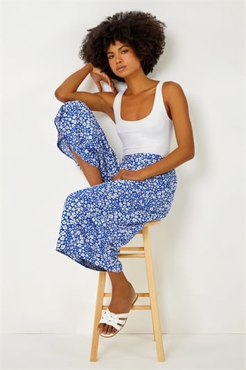 Blue Ditsy Floral Elastic Waist Culotte Trousers