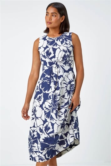 Blue Sleeveless Cotton Blend Floral Midi Dress