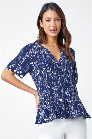 Blue Ditsy Print Crinkle Button Blouse