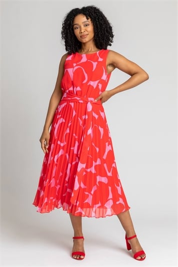 Red Petite Abstract Print Pleated Midi Dress, Image 3 of 5