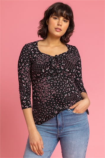 Black Ditsy Floral Print Ruched Top