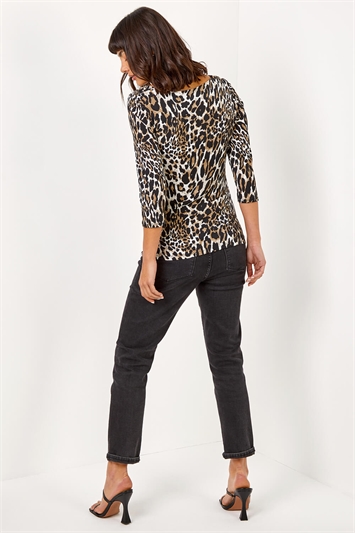 Tan Animal Print Cowl Neck Stretch Top, Image 2 of 5