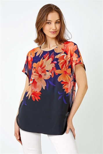 Blue Floral Print Overlay Stretch Top