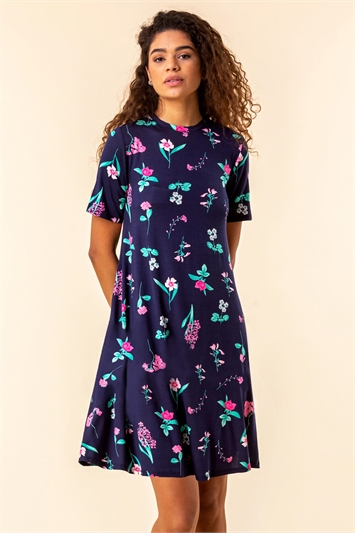 Blue Floral Print Swing Dress