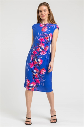 Blue Petite Floral Ruched Waist Dress, Image 3 of 4