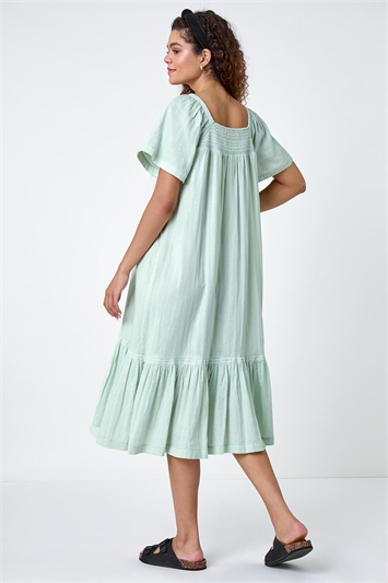 Green Embroidered Cotton Midi Smock Dress