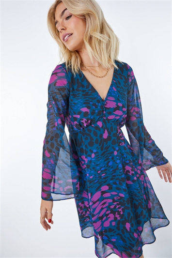 Blue Leopard Print Chiffon Midi Dress