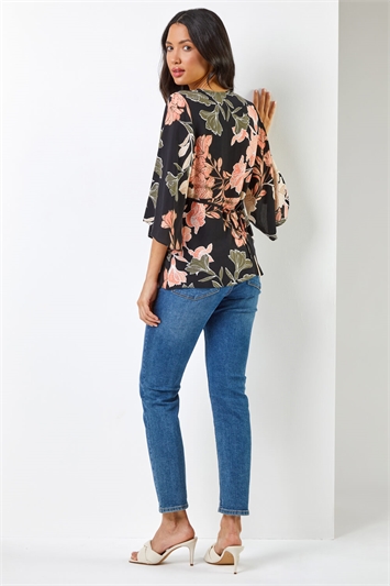 Black Tropical Print Ruched Tunic Top, Image 2 of 5