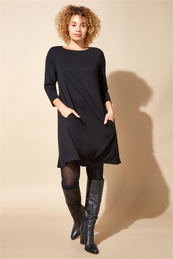 Black A-Line Pocket Detail Swing Dress, Image 5 of 5