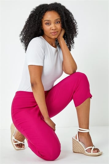 Pink Petite Elastic Waist Stretch Cropped Trouser