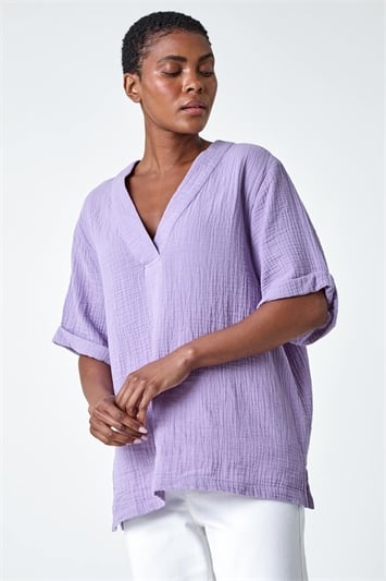 Purple Textured Cotton Relaxed T-Shirt