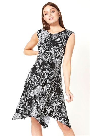 Black Floral Print Hanky Hem Dress