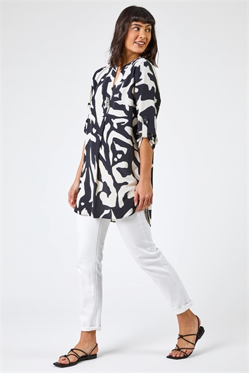 Black Abstract Print Notch Neck Blouse, Image 3 of 5