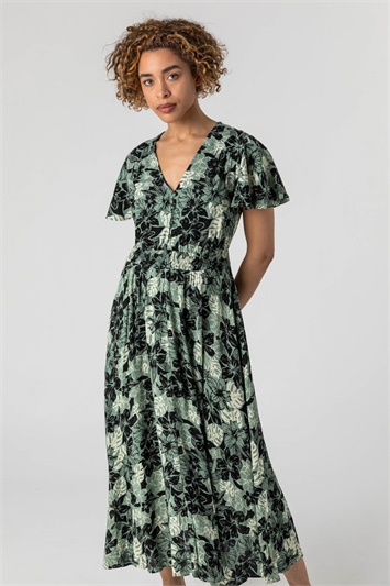 Green Floral Print Tiered Maxi Dress, Image 3 of 5