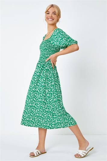 Green Ditsy Floral Print Shirred Dress