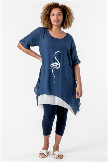 Blue Curve Flamingo Print Asymmetric Tunic Top