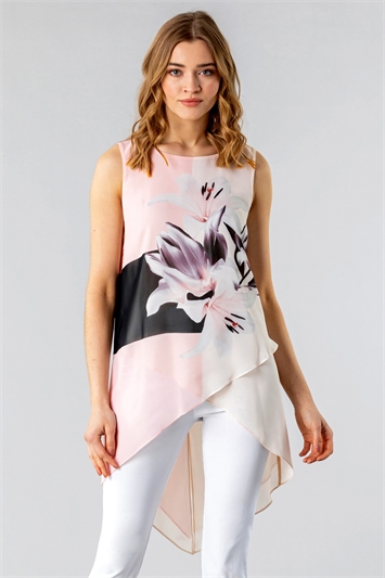 Light Pink Floral Print Asymmetric Tunic Top