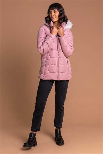 Light Pink Faux Fur Trim Hooded Coat, Image 4 of 5