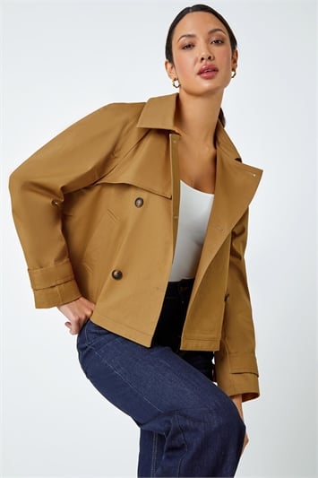 Brown Cotton Blend Cropped Stretch Trench Coat