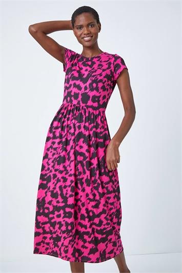 Pink Abstract Print Gathered Skirt Midi Dress