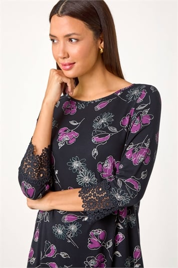 Black Floral Print Lace Detail Stretch Top