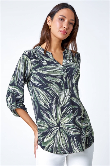 Brown Textured Leaf Print V-Neck Stretch Shirt
