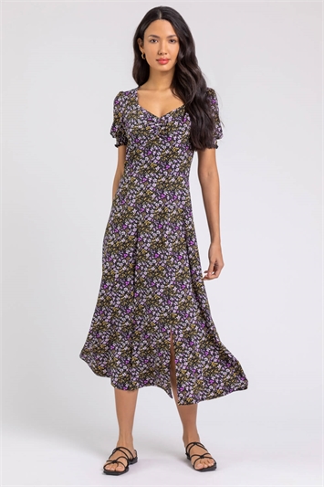 Lilac Ditsy Floral Ruched Midi Dress, Image 5 of 5