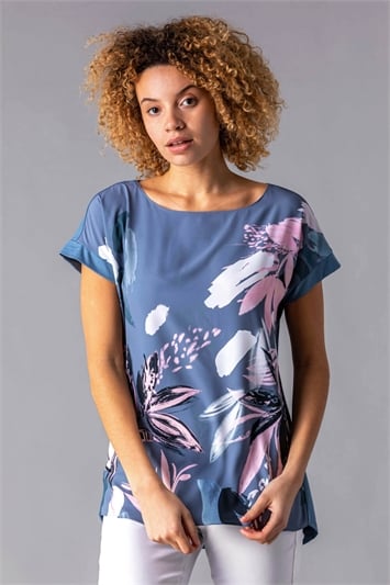 Multi Abstract Leaf Print Stretch T-Shirt
