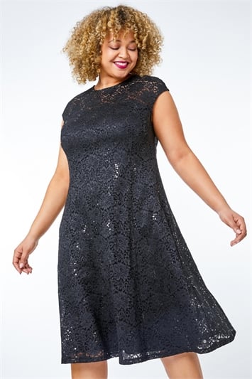 Black Sequin Lace Fit And Flare Dress