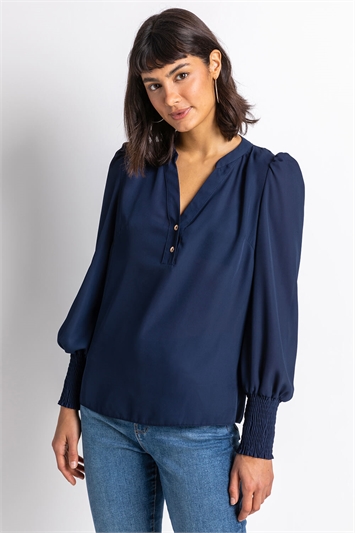 Navy Plain Buttoned Shirred Cuff Top