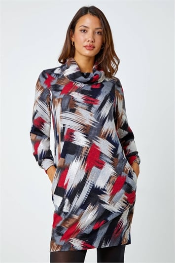 Red Cowl Neck Abstract Print Stretch Dress