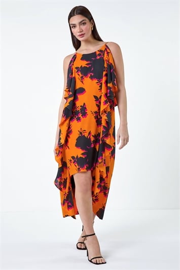 Orange Floral Chiffon Ruffle Detail Midi Dress
